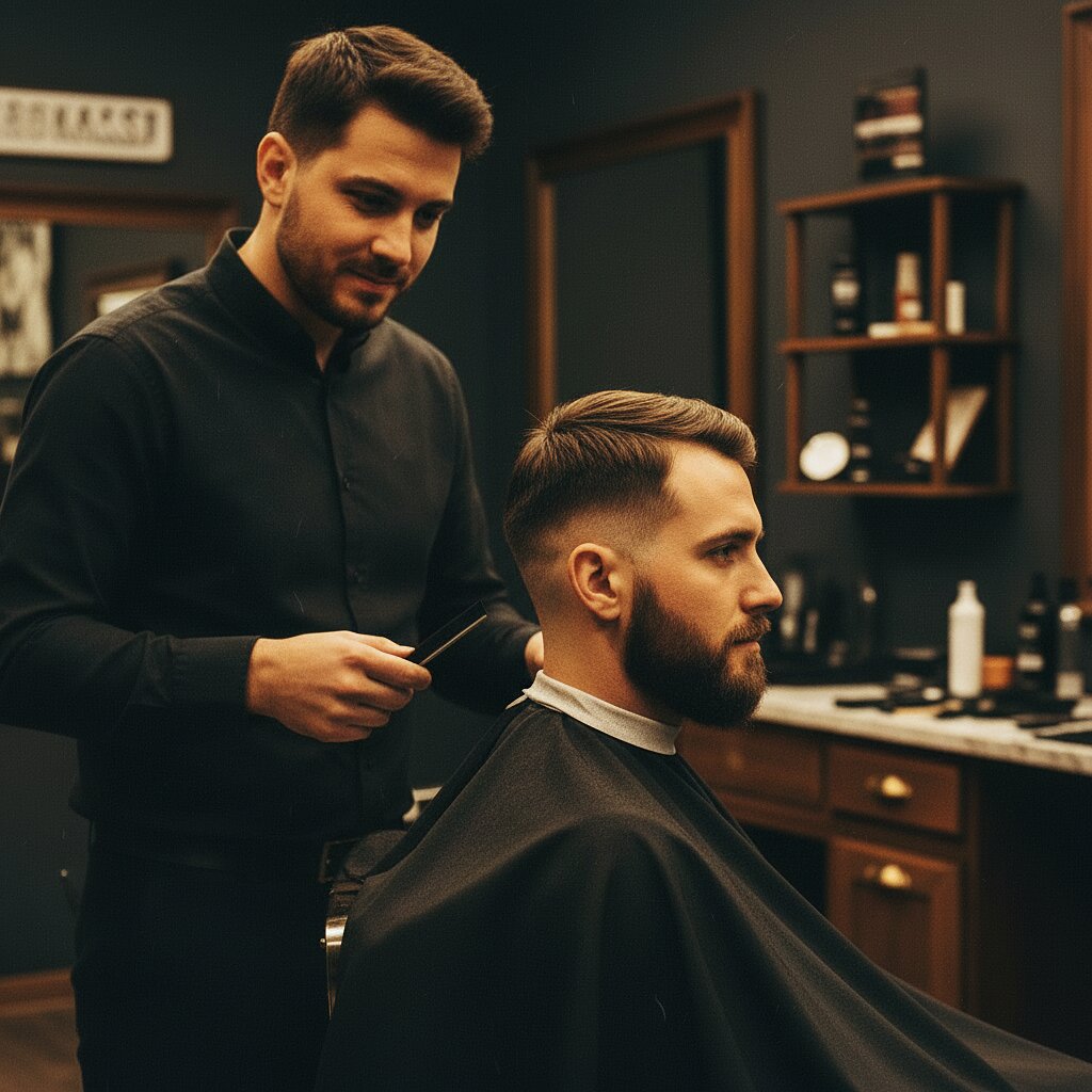 After the cut — crisp skin fade and sculpted beard