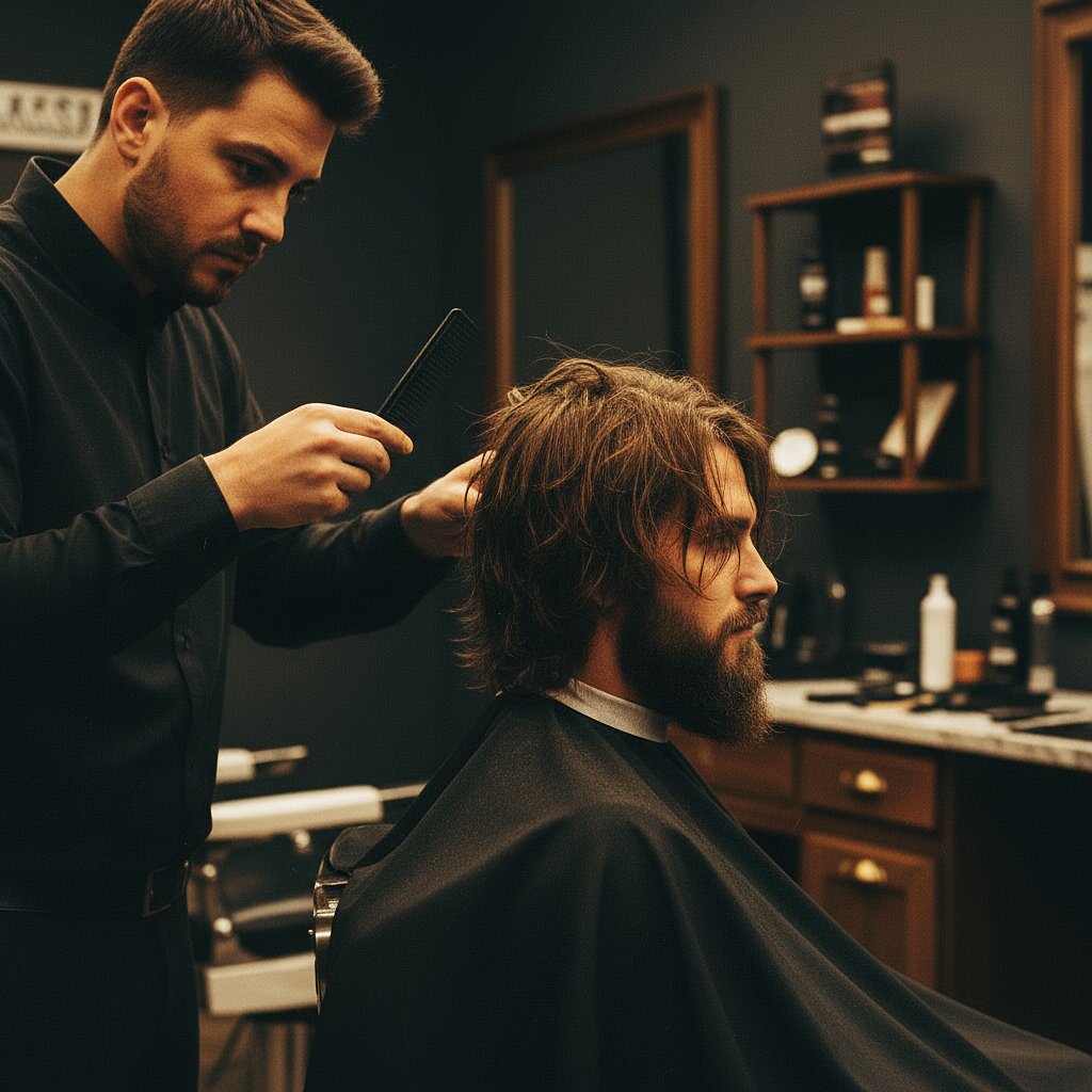Before the cut — overgrown hair and beard