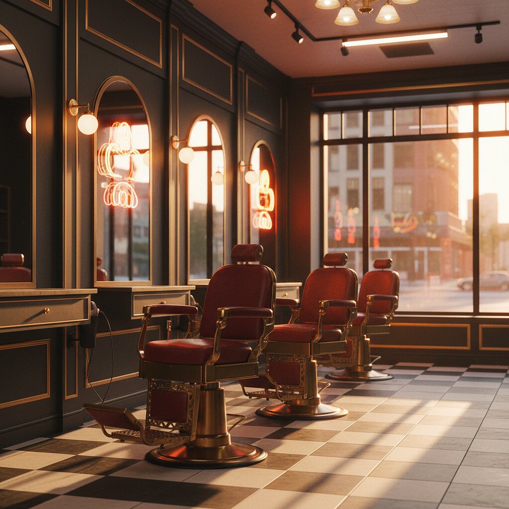 Iron & Oak barbershop — red leather chairs and neon