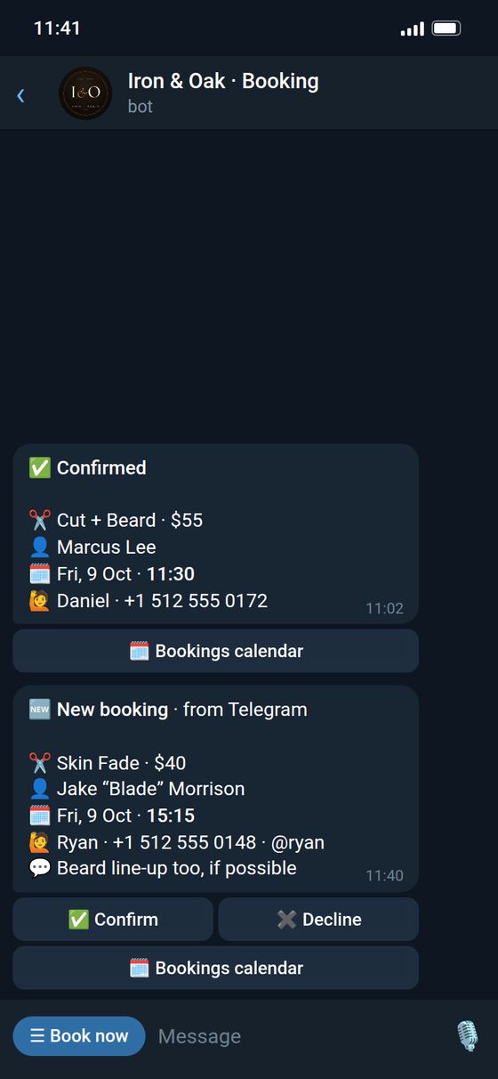 Every new booking reaches the owner with buttons