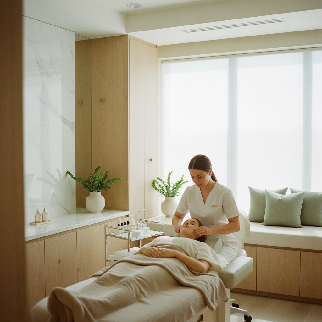 LUMIÈRE Aesthetic Studio treatment room, esthetician performing a glow facial
