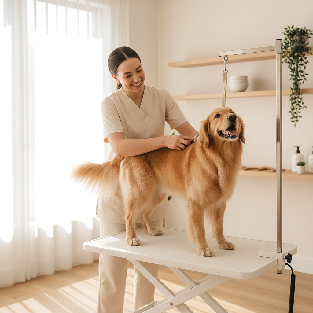 Groomer brushing a dog